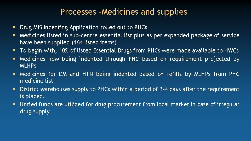 Processes -Medicines and supplies § Drug MIS Indenting Application rolled out to PHCs §