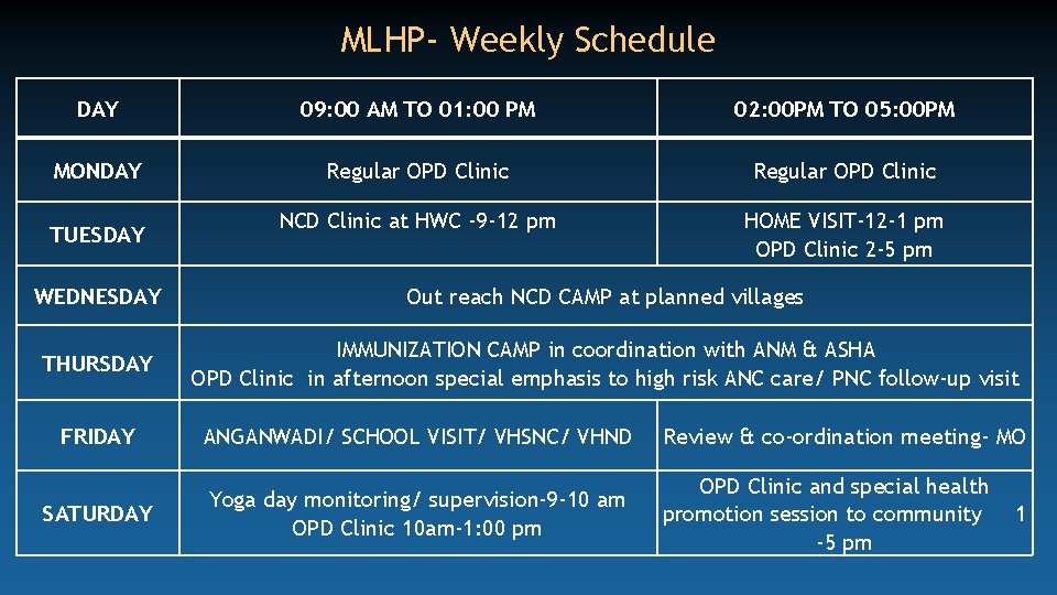 MLHP- Weekly Schedule DAY 09: 00 AM TO 01: 00 PM 02: 00 PM