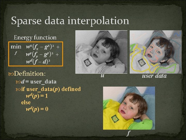 Sparse data interpolation Energy function min wx(fx – gx)2 + f wy(fy – gy)2