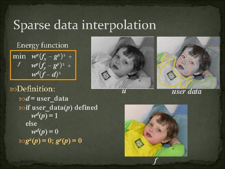 Sparse data interpolation Energy function min wx(fx – gx)2 + f wy(fy – gy)2