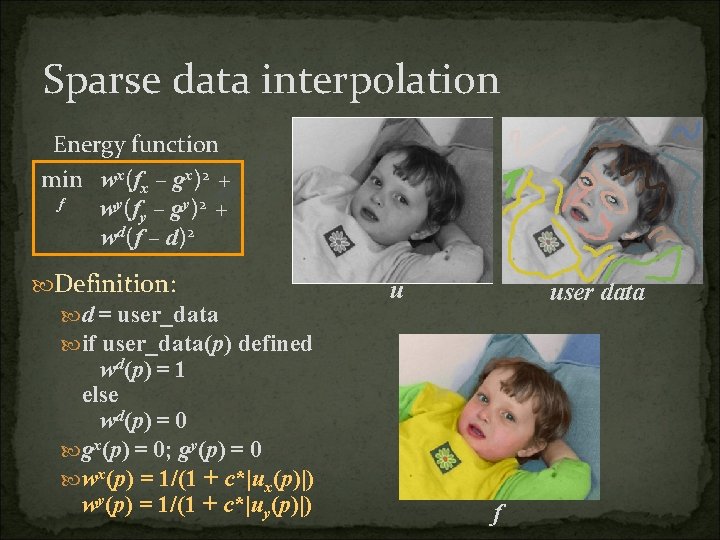 Sparse data interpolation Energy function min wx(fx – gx)2 + f wy(fy – gy)2