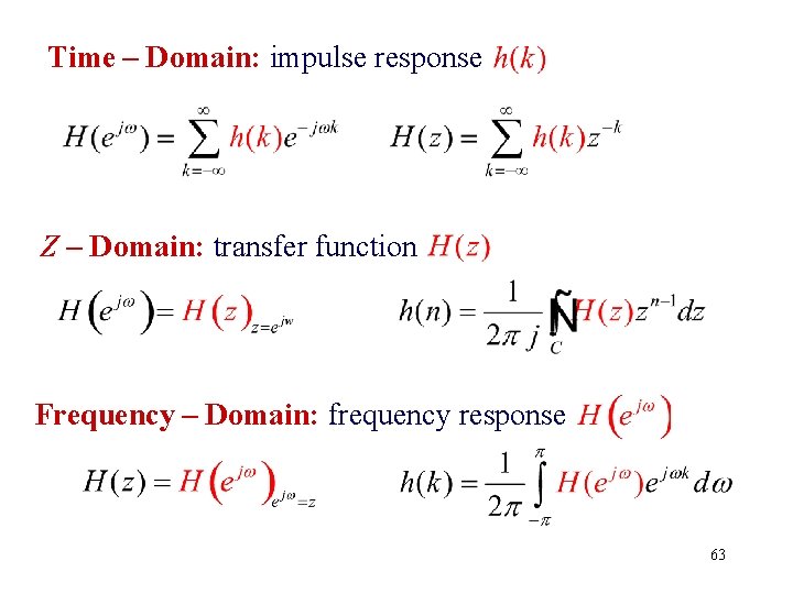 Time – Domain: impulse response Z – Domain: transfer function Frequency – Domain: frequency