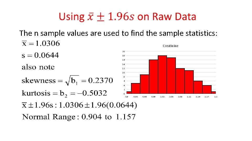  The n sample values are used to find the sample statistics: Creatinine 20