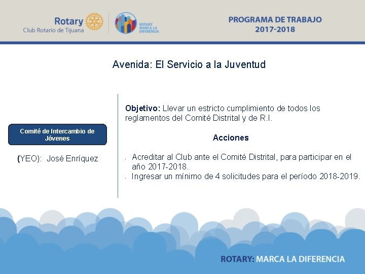 Avenida: El Servicio a la Juventud Objetivo: Llevar un estricto cumplimiento de todos los