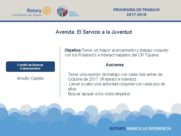 Avenida: El Servicio a la Juventud Objetivo: Tener un mayor acercamiento y trabajo conjunto