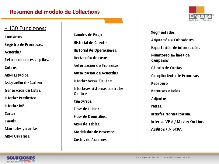 Resumen del modelo de Collections + 130 Funciones: Contactos. Canales de Pago. Registro de