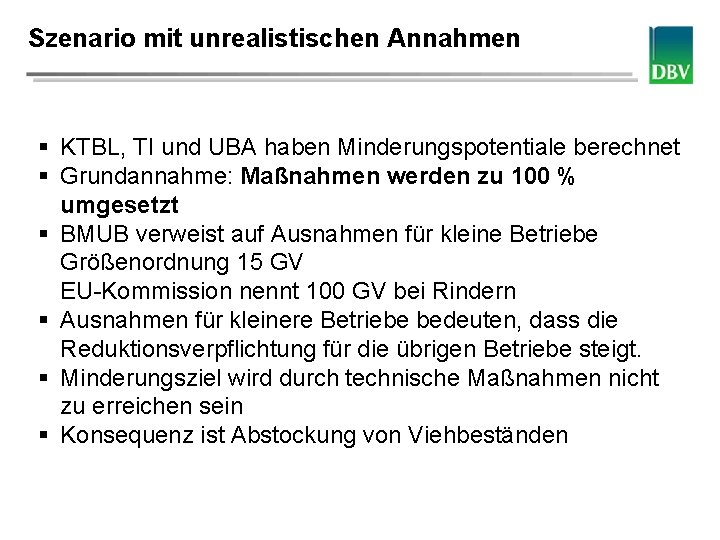 Szenario mit unrealistischen Annahmen Deutscher Bauernverband § KTBL, TI und UBA haben Minderungspotentiale berechnet