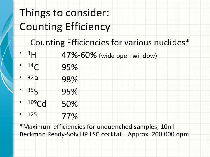 Things to consider: Counting Efficiency • • • Counting Efficiencies for various nuclides* 3