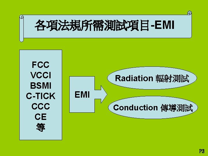 各項法規所需測試項目-EMI FCC VCCI BSMI C-TICK CCC CE 等 Radiation 輻射測試 EMI Conduction 傳導測試 P