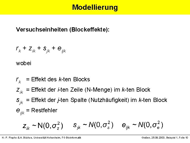 Modellierung Versuchseinheiten (Blockeffekte): rk + zik + sjk + eijk wobei rk = Effekt