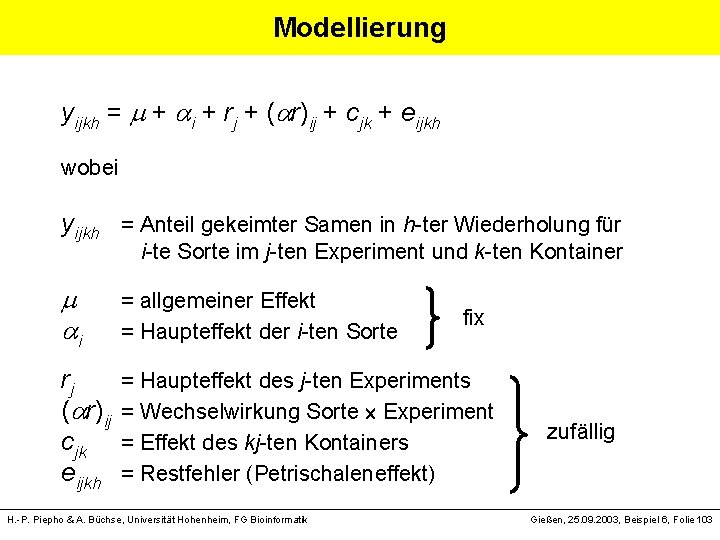 Modellierung yijkh = + i + rj + ( r)ij + cjk + eijkh