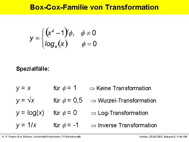 Box-Cox-Familie von Transformation Spezialfälle: y = x für = 1 Keine Transformation y =