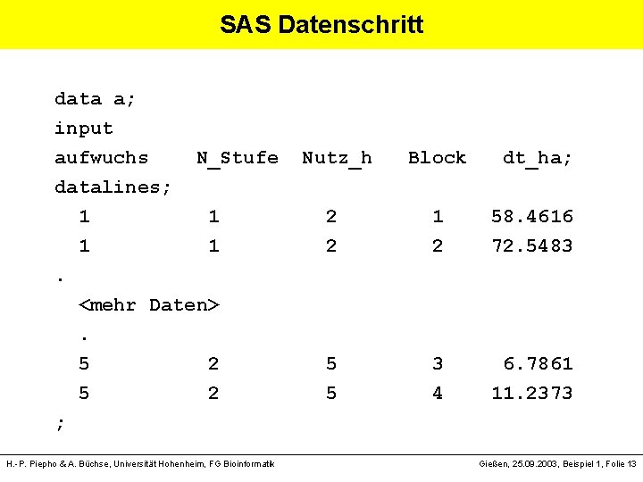 SAS Datenschritt data a; input aufwuchs N_Stufe Nutz_h Block dt_ha; datalines; 1 2 1