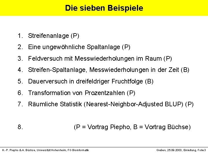 Die sieben Beispiele 1. Streifenanlage (P) 2. Eine ungewöhnliche Spaltanlage (P) 3. Feldversuch mit