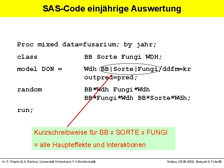 SAS-Code einjährige Auswertung Proc mixed data=fusarium; by jahr; class BB Sorte Fungi WDH; model