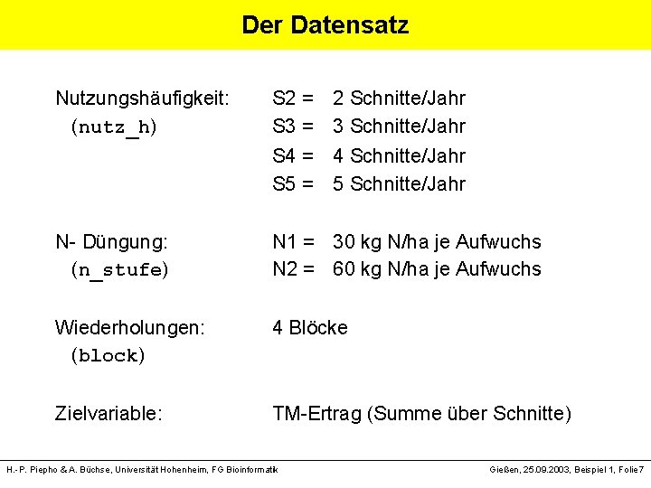 Der Datensatz Nutzungshäufigkeit: (nutz_h) S 2 = 2 Schnitte/Jahr S 3 = 3 Schnitte/Jahr