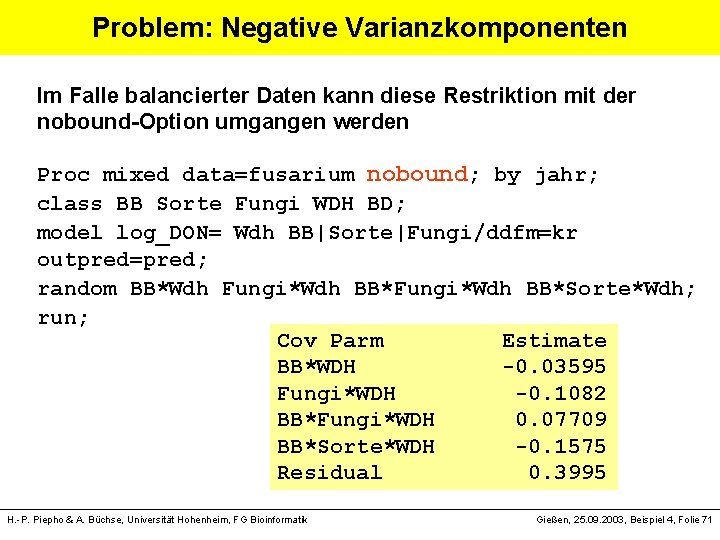 Problem: Negative Varianzkomponenten Im Falle balancierter Daten kann diese Restriktion mit der nobound-Option umgangen