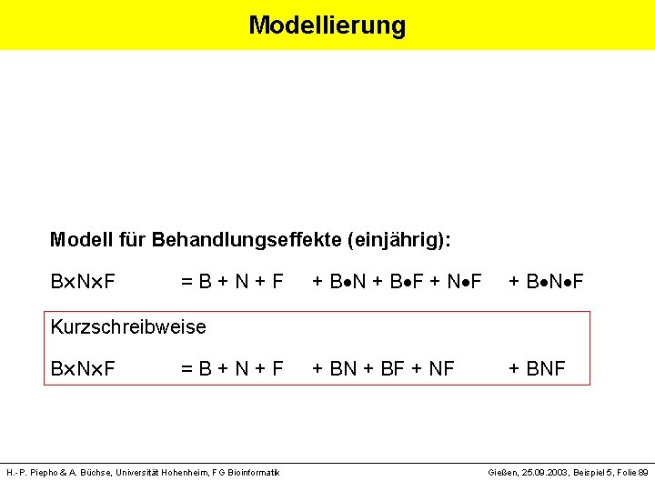 Modellierung Modell für Behandlungseffekte (einjährig): B N F = B + N + F