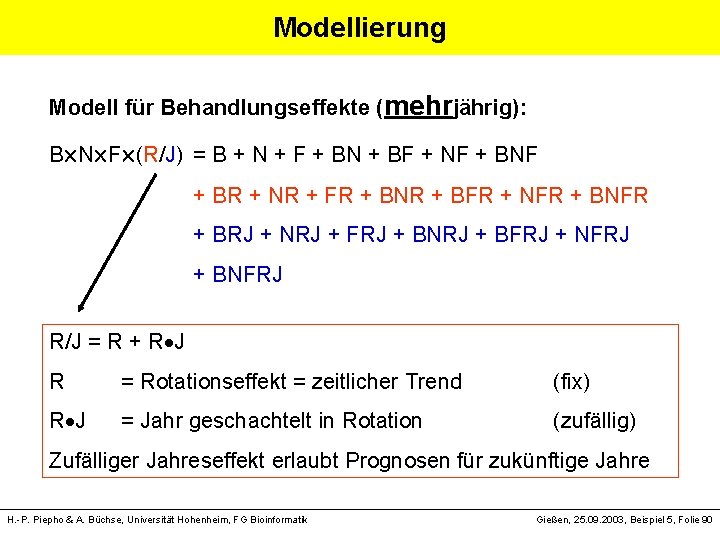 Modellierung Modell für Behandlungseffekte (mehrjährig): B N F (R/J) = B + N +