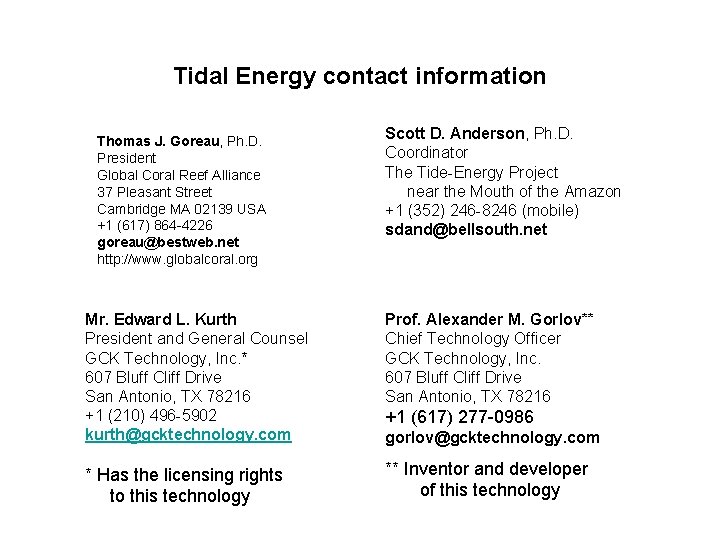 Tidal Energy contact information Thomas J. Goreau, Ph. D. President Global Coral Reef Alliance