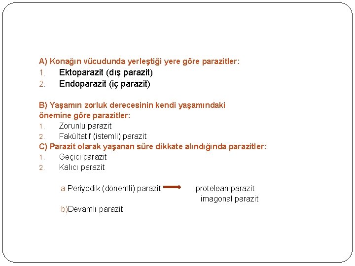 A) Konağın vücudunda yerleştiği yere göre parazitler: 1. Ektoparazit (dış parazit) 2. Endoparazit (iç