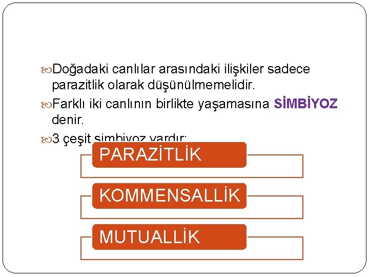  Doğadaki canlılar arasındaki ilişkiler sadece parazitlik olarak düşünülmemelidir. Farklı iki canlının birlikte yaşamasına