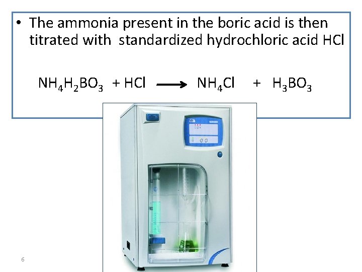  • The ammonia present in the boric acid is then titrated with standardized
