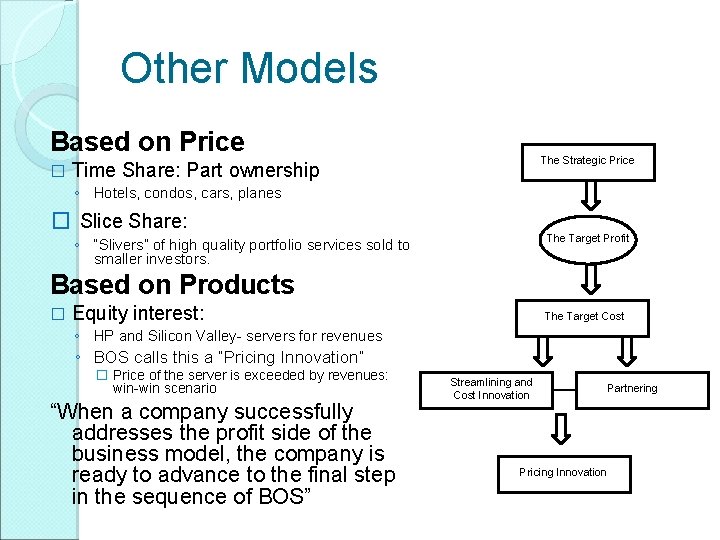 Other Models Based on Price � The Strategic Price Time Share: Part ownership ◦
