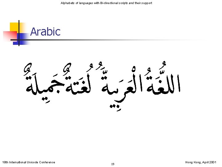 Alphabets of languages with Bi-directional scripts and their support Arabic 18 th International Unicode