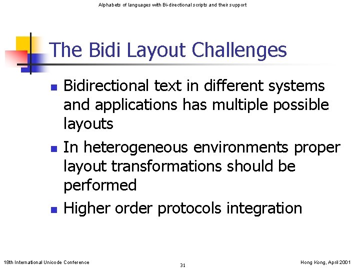 Alphabets of languages with Bi-directional scripts and their support The Bidi Layout Challenges n