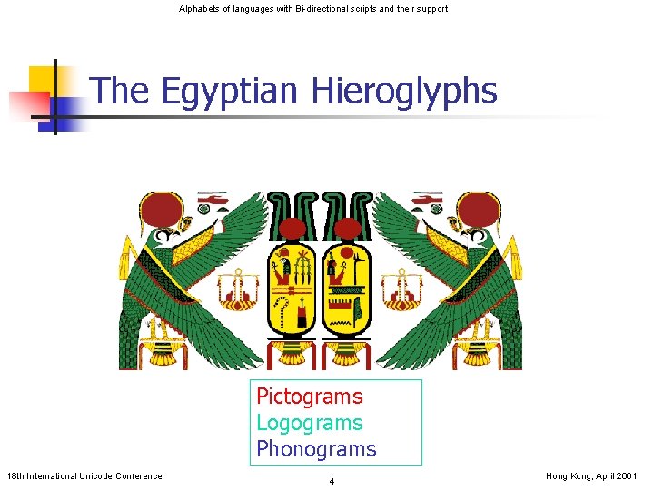 Alphabets of languages with Bi-directional scripts and their support The Egyptian Hieroglyphs Pictograms Logograms