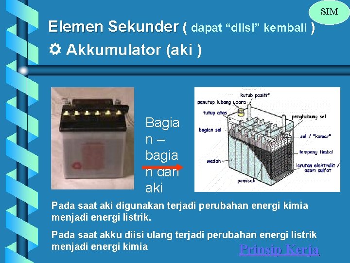 SIM Elemen Sekunder ( dapat “diisi” kembali ) Akkumulator (aki ) Bagia n– bagia