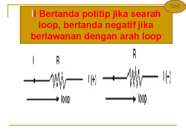 II Bertanda potitip jika searah loop, bertanda negatif jika berlawanan dengan arah loop SIM