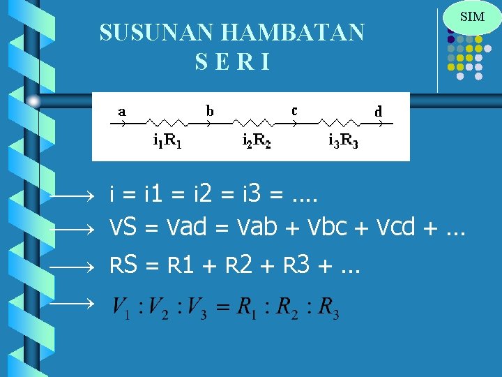 SUSUNAN HAMBATAN S E R I SIM i = i 1 = i 2