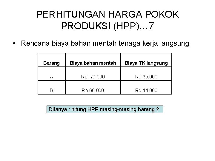 PERHITUNGAN HARGA POKOK PRODUKSI (HPP)… 7 • Rencana biaya bahan mentah tenaga kerja langsung.