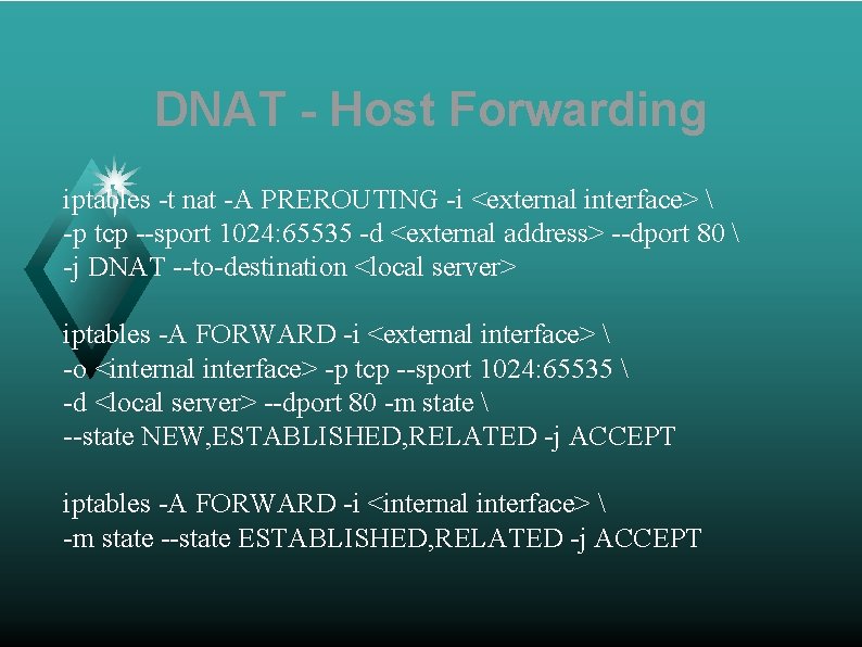 DNAT - Host Forwarding iptables -t nat -A PREROUTING -i <external interface>  -p