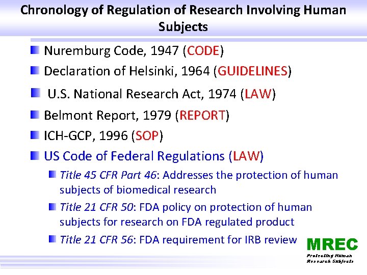 Chronology of Regulation of Research Involving Human Subjects Nuremburg Code, 1947 (CODE) Declaration of