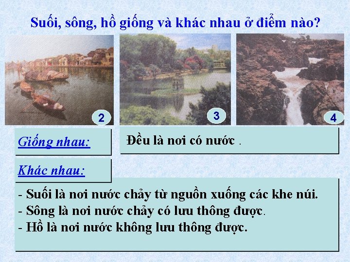 Suối, sông, hồ giống và khác nhau ở điểm nào? 2 Giống nhau: 3