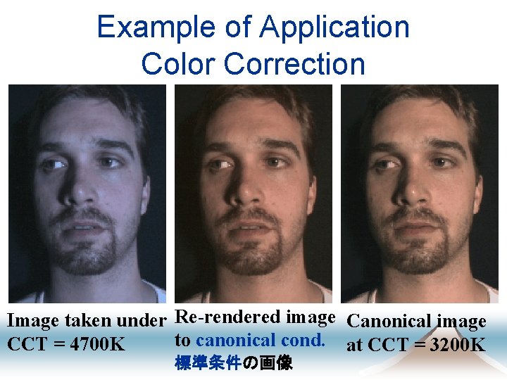 Example of Application Color Correction Estimation error 1. 6° von Kreis Transformation Image taken