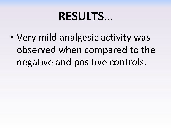 RESULTS… • Very mild analgesic activity was observed when compared to the negative and