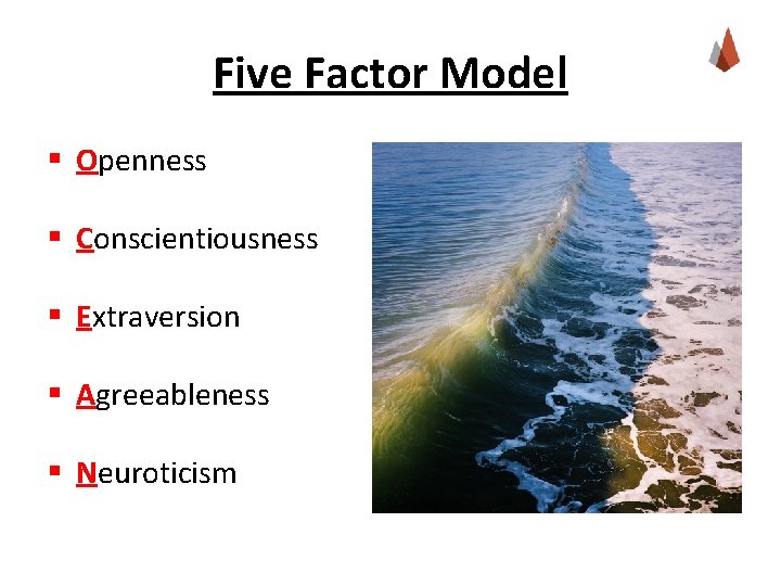 Five Factor Model § Openness § Conscientiousness § Extraversion § Agreeableness § Neuroticism 
