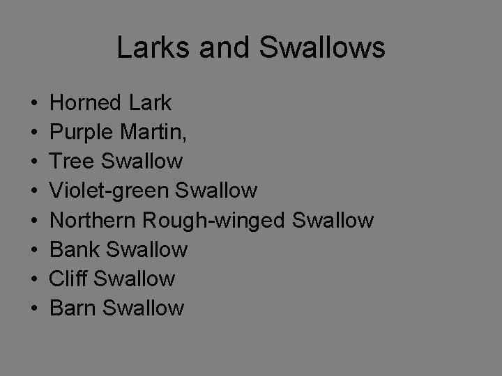 Larks and Swallows • • Horned Lark Purple Martin, Tree Swallow Violet-green Swallow Northern
