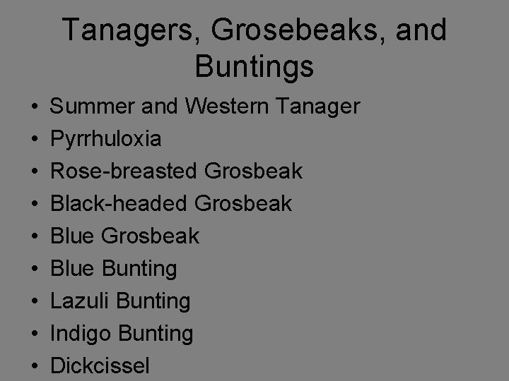 Tanagers, Grosebeaks, and Buntings • • • Summer and Western Tanager Pyrrhuloxia Rose-breasted Grosbeak