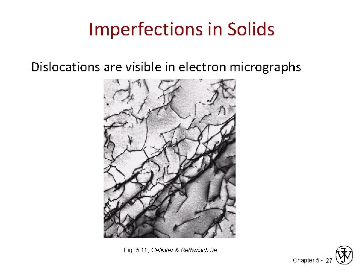 Imperfections in Solids Dislocations are visible in electron micrographs Fig. 5. 11, Callister &