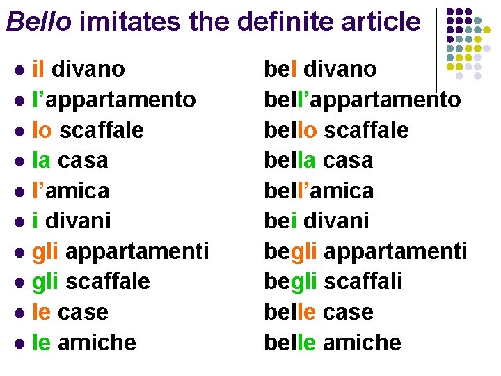 Bello imitates the definite article il divano l l’appartamento l lo scaffale l la