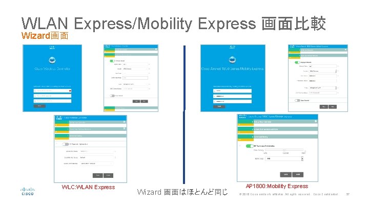 WLAN Express/Mobility Express 画面比較 Wizard画面 WLC: WLAN Express Wizard 画面はほとんど同じ AP 1800: Mobility Express