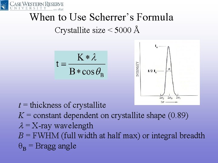 When to Use Scherrer’s Formula Crystallite size < 5000 Å t = thickness of When to Use Scherrer’s Formula Crystallite size < 5000 Å t = thickness of