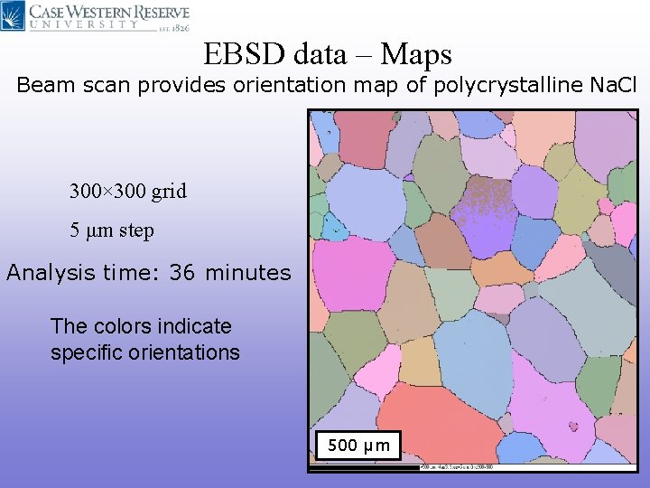 EBSD data – Maps Beam scan provides orientation map of polycrystalline Na. Cl 300× EBSD data – Maps Beam scan provides orientation map of polycrystalline Na. Cl 300×