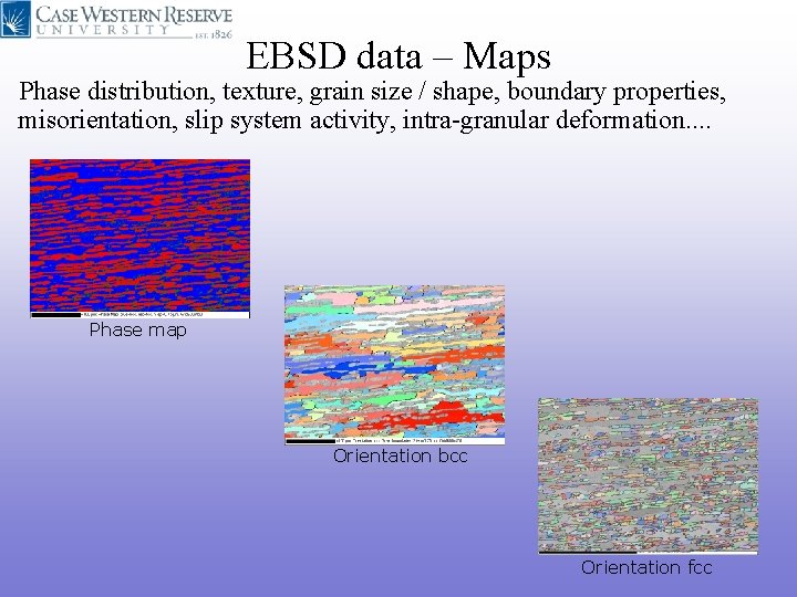 EBSD data – Maps Phase distribution, texture, grain size / shape, boundary properties, misorientation, EBSD data – Maps Phase distribution, texture, grain size / shape, boundary properties, misorientation,