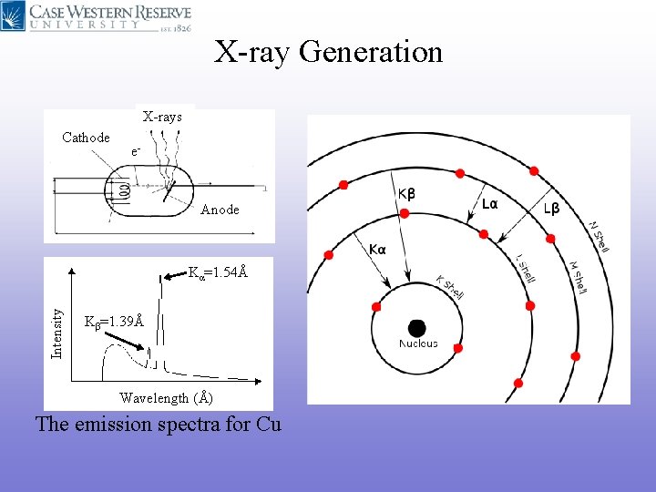 X-ray Generation X-rays Cathode e- Anode Intensity Kα=1. 54Å Kβ=1. 39Å Wavelength (Å) The X-ray Generation X-rays Cathode e- Anode Intensity Kα=1. 54Å Kβ=1. 39Å Wavelength (Å) The